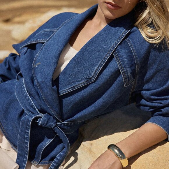 Blue Casual Women's Shawl Collar Raglan Sleeve Belted Denim Jacket - Picture 3 of 6